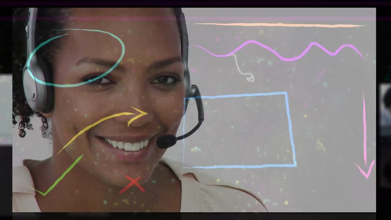 animación de formas coloridas sobre personas de negocios que usan auriculares