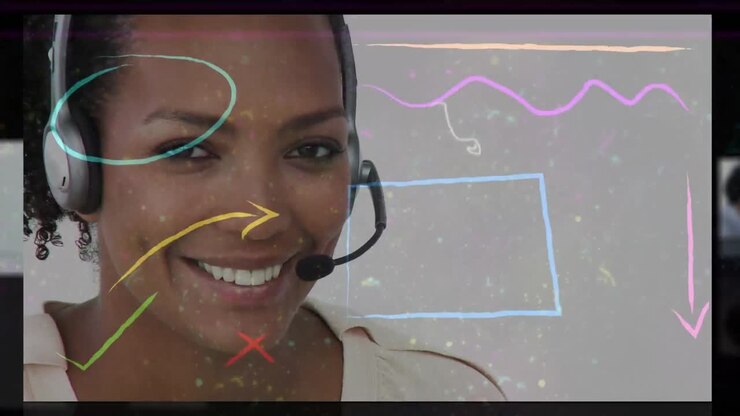 Animation of colorful shapes over business people wearing headsets