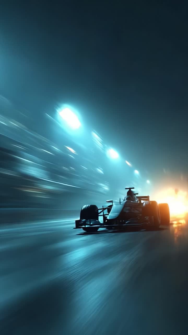 Un veicolo da corsa ad alta velocità catturato in movimento, che mette in mostra il suo design elegante e i vivaci effetti di luce che creano un'atmosfera elettrizzante di velocità e adrenalina