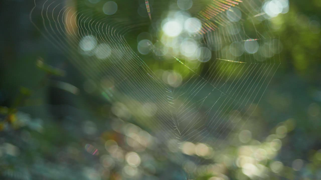 toma macro en cámara lenta de 4k de una araña cayendo y atrapando una mosca, contra la luz del sol, en medio del bosque