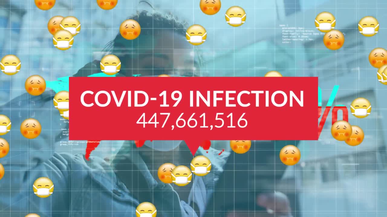 코로나 19 데이터 처리의 애니메이션 여성과 얼굴 마스크를 가진 여러 병자 이모지