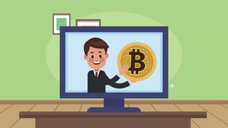hombre de negocios con bitcoin en animación de escritorio