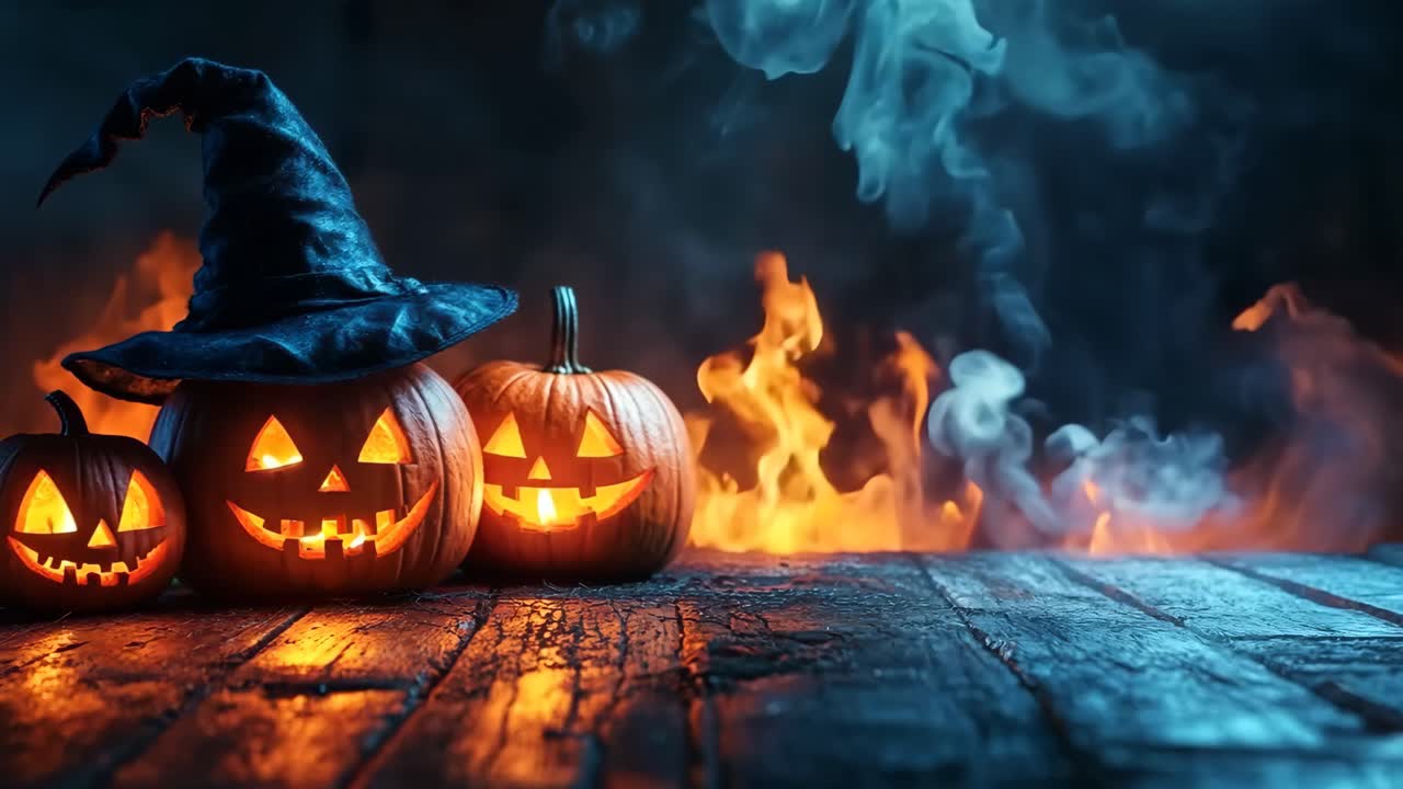 Three pumpkins with a witch's hat on top of them. The pumpkins are lit up and the background is dark and smoky