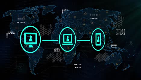 red de iconos de medios sobre el mapa del mundo y el procesamiento de datos.