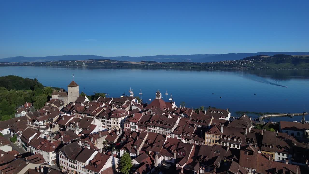 Lake Murten medieval town of Morat Switzerland tourist attraction aerial drone Europe summer