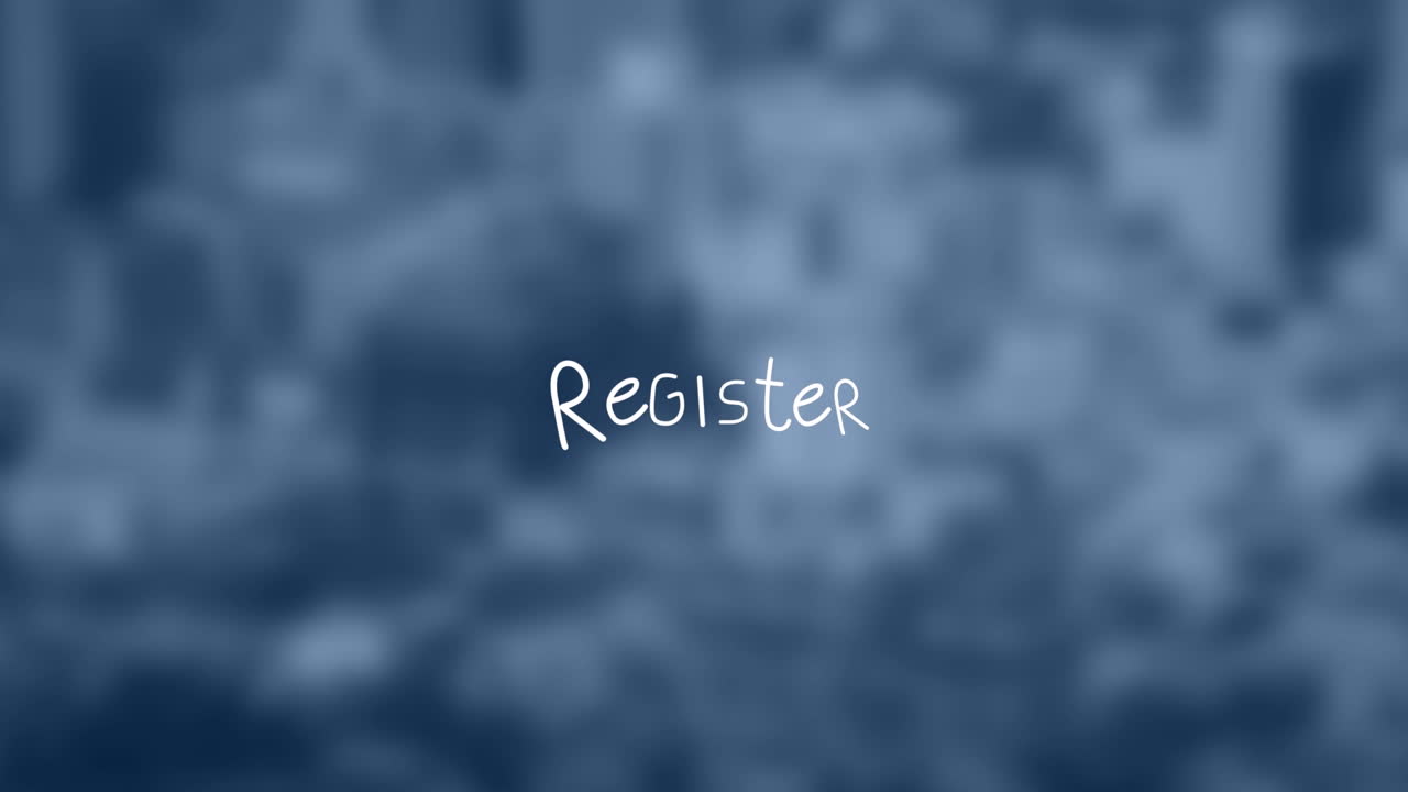 Animation of register text with lines over out of focus cityscape