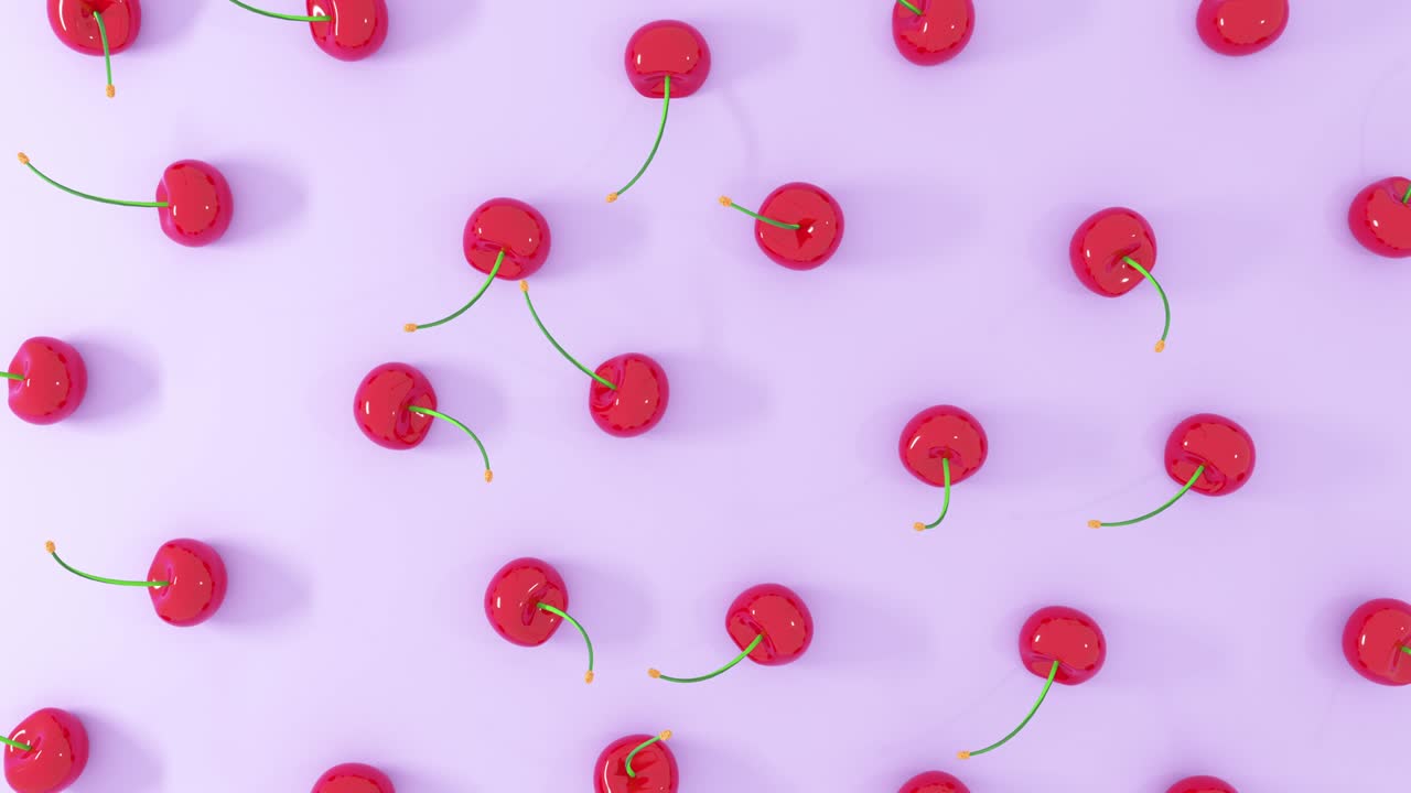 Render 3D buah ceri merah segar dengan latar belakang pastel. Animasi loop render 4K.