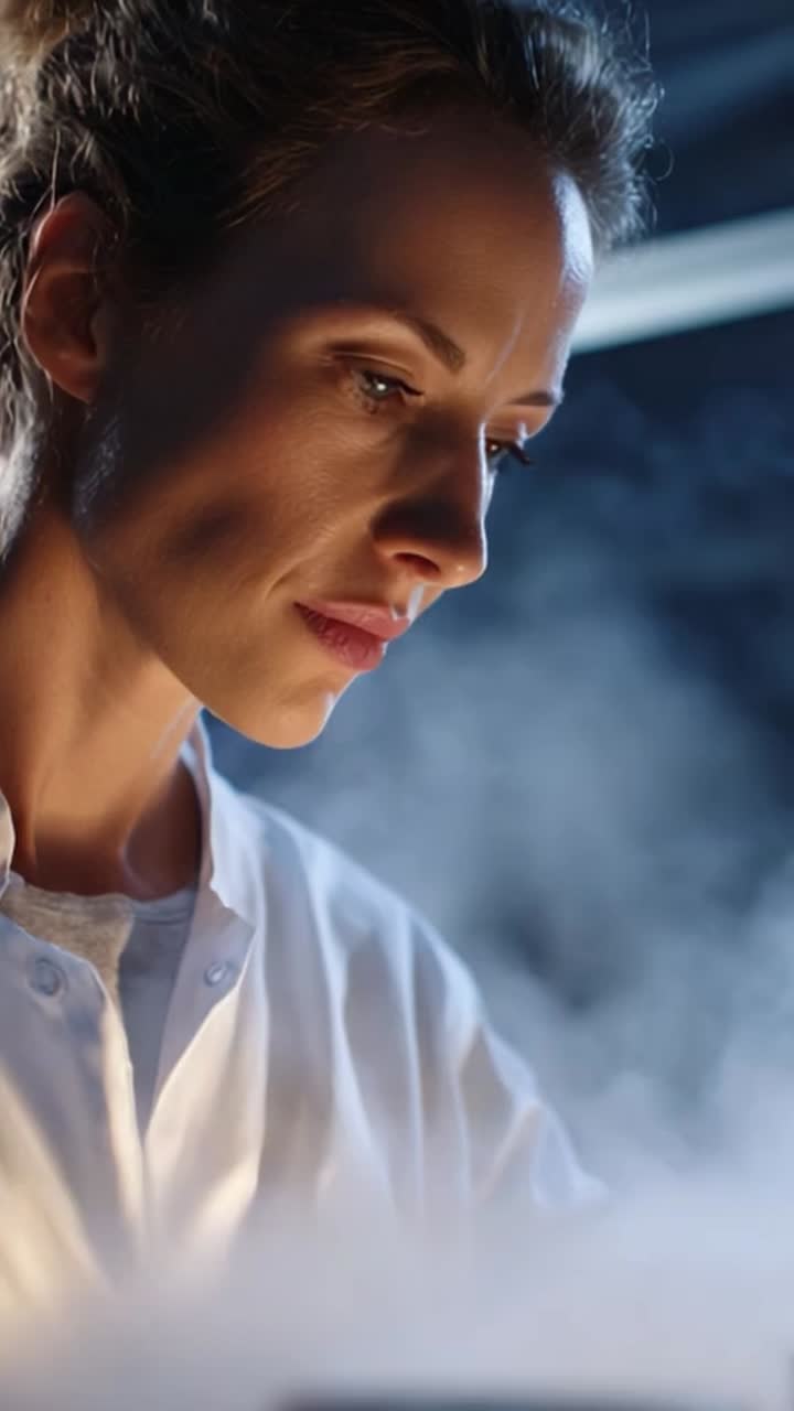 Dedicated Scientist Engaged in Experimentation in a Laboratory with Dramatic Lighting and Fog Effects, Focusing on Precision and Innovation in Research