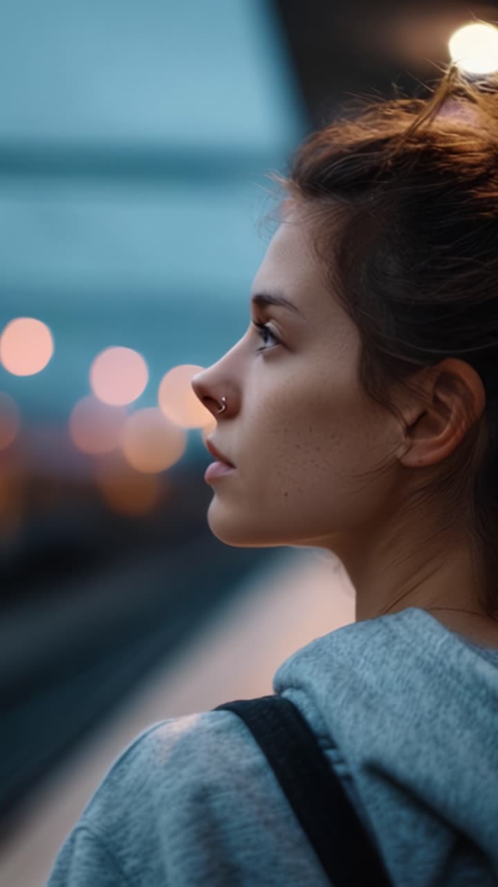 A Moment of Reflection: A Young Woman Gazes Into the Distance at a Train Station, Capturing the Essence of Contemplation Amidst Blurred Lights and Emotion