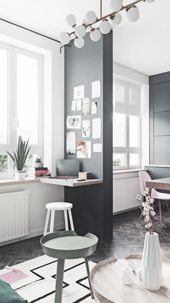 Design d'interni moderno con area di lavoro e zona pranzo alla luce del giorno