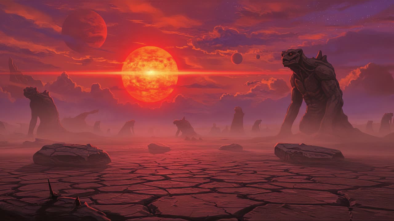 A Stunning Alien Landscape: A Red Sun Setting Over a Bizarre Terrain with Giant Reptilian Creatures Silhouetted Against a Colorful Sky and Otherworldly Planets