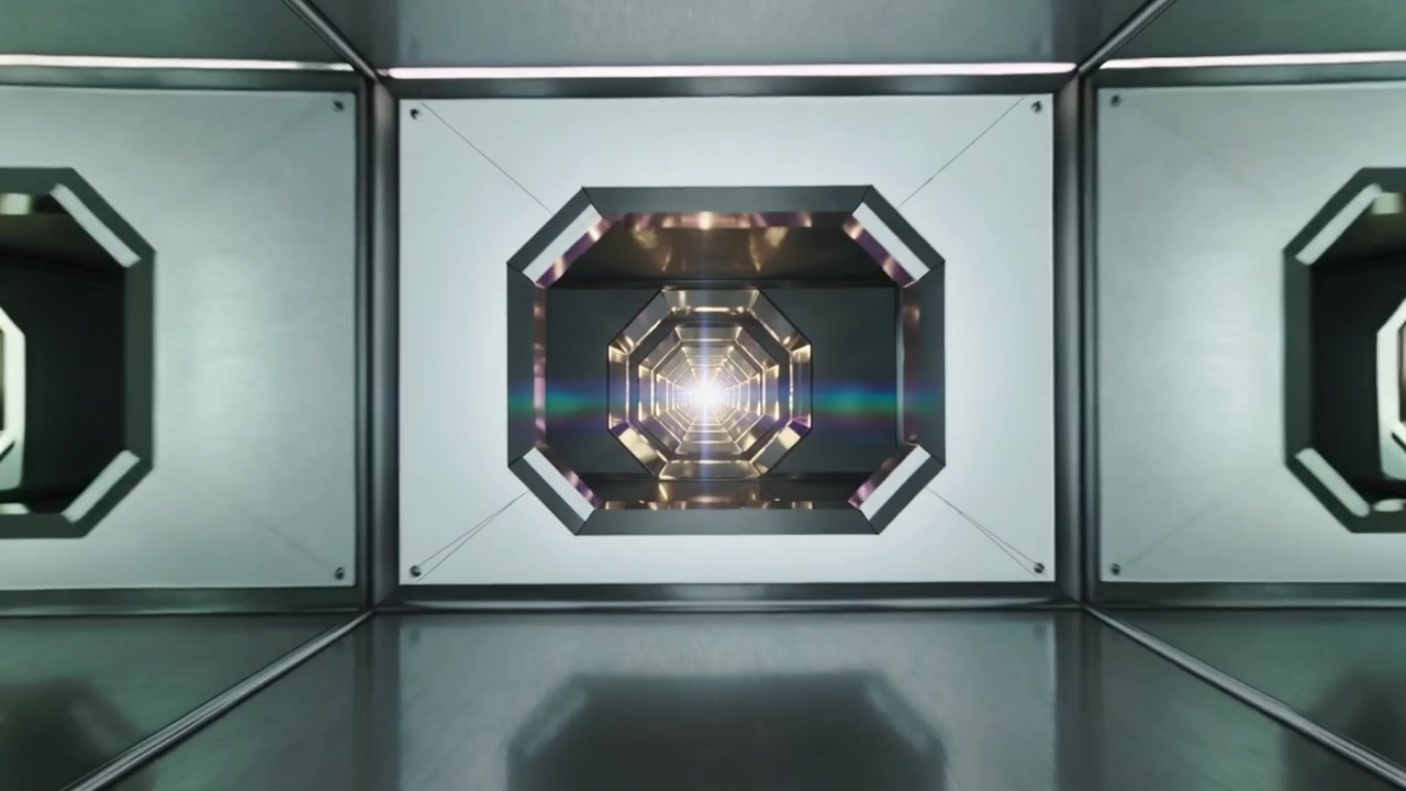 Moving camera approaching octagonal aperture in shaft, revealing bright light and reflective floor