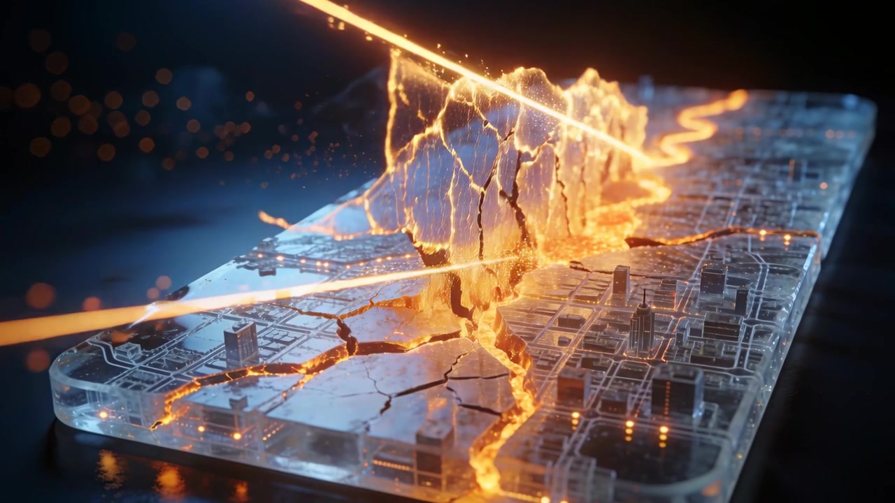 Entering orange beam hitting clear slab city model in studio, fracturing blocks and forming fissure