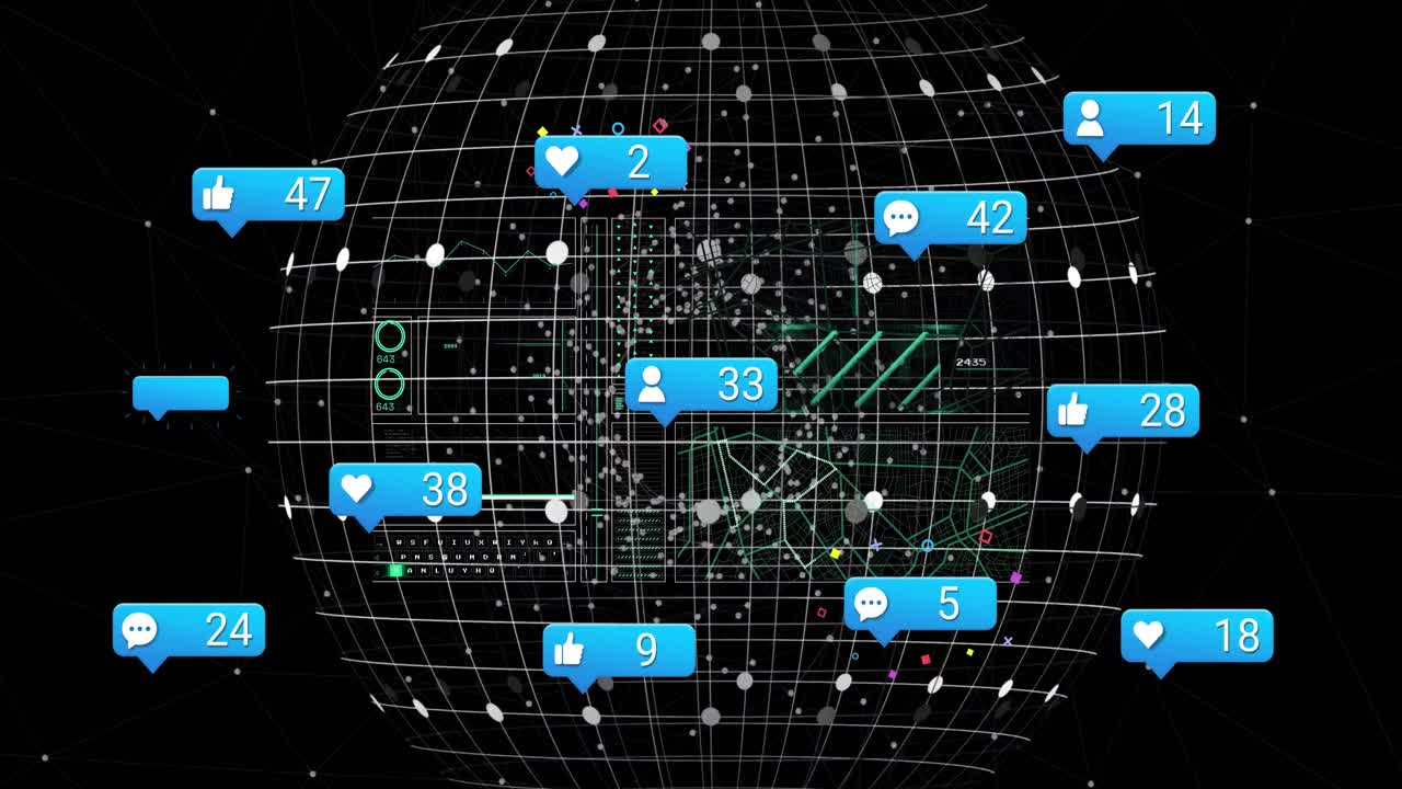 전 세계 소셜 미디어 아이콘과의 연결 네트워크의 애니메이션