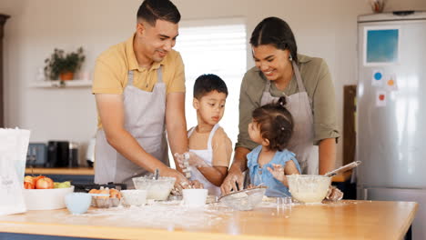 baking, family and parents with kids in kitchen