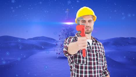 animación de nieve cayendo sobre mecánico masculino caucásico y paisaje navideño