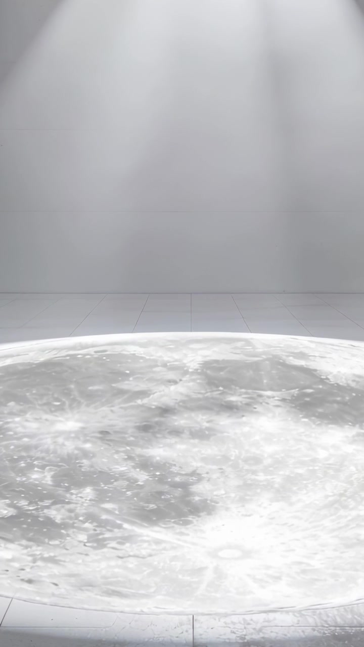 Video verticale: Telecamera in panoramica che mostra un disco lunare sul pavimento dello studio per esporre il bordo del cratere, raggi di luce
