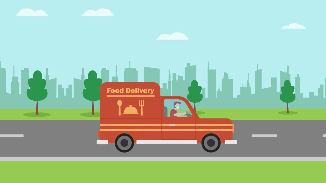 밴 을 운전 하는 동안 음식 배달 을 하는 남성 택배자