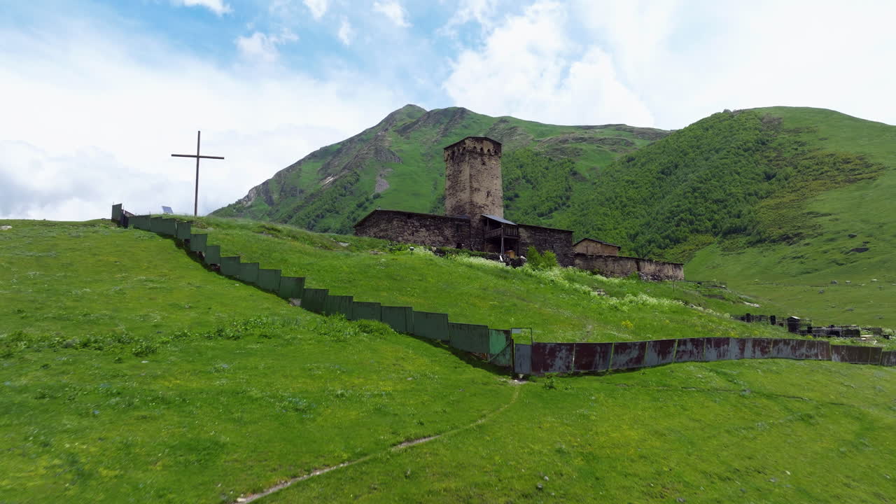 Medieval Georgian Orthodox Church Of Lamaria In Ushguli, Upper Svaneti Region, Georgia. Aerial Drone Shot