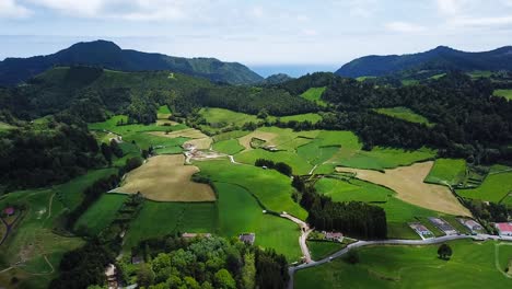 aerial shot above greenish agriculture area in sao miguel island, azores