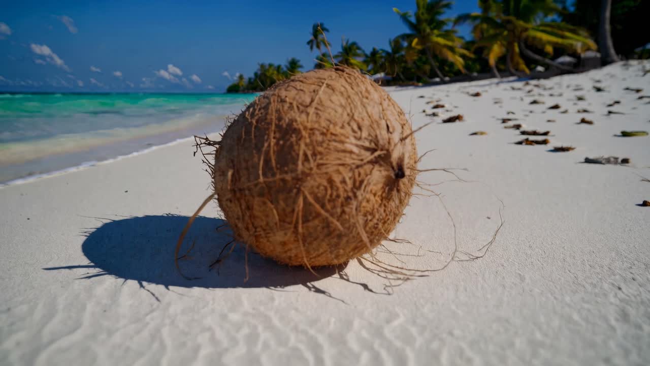Low-angle video shot of a coconut on a pristine beach, emphasizing tropical vibes with clear blue