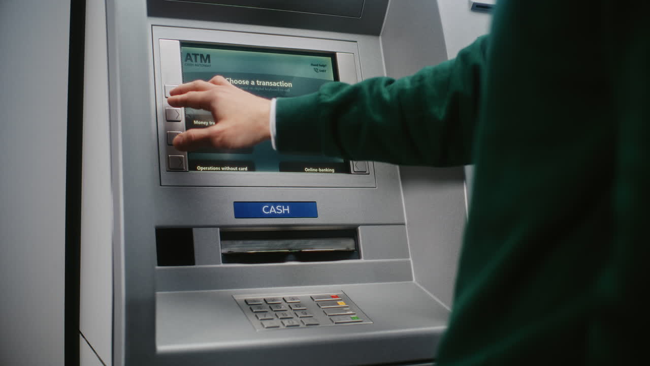 ATM User Entering PIN Code on ATM Keypad for Money Withdrawal. Error Message on Cash Machine Screen About Cancelled Transaction Due to Connection Loss. Cash Transactions, Banking System. Close Up.