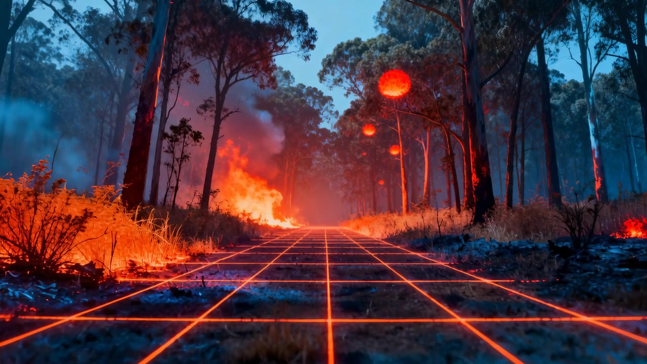 Ngọn lửa bùng lên, máy ảnh di chuyển dọc theo con đường lưới neon trong rừng, cho thấy những bụi cây đang cháy.