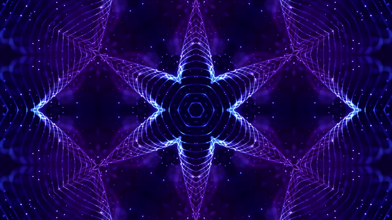 las partículas de brillo forman estructuras simétricas complejas como estrellas o flores. efecto caleidoscópico. 4k looped sci-fi 3d bg con partículas forman líneas, superficies. tema abstracto de microworld o nanotecnología