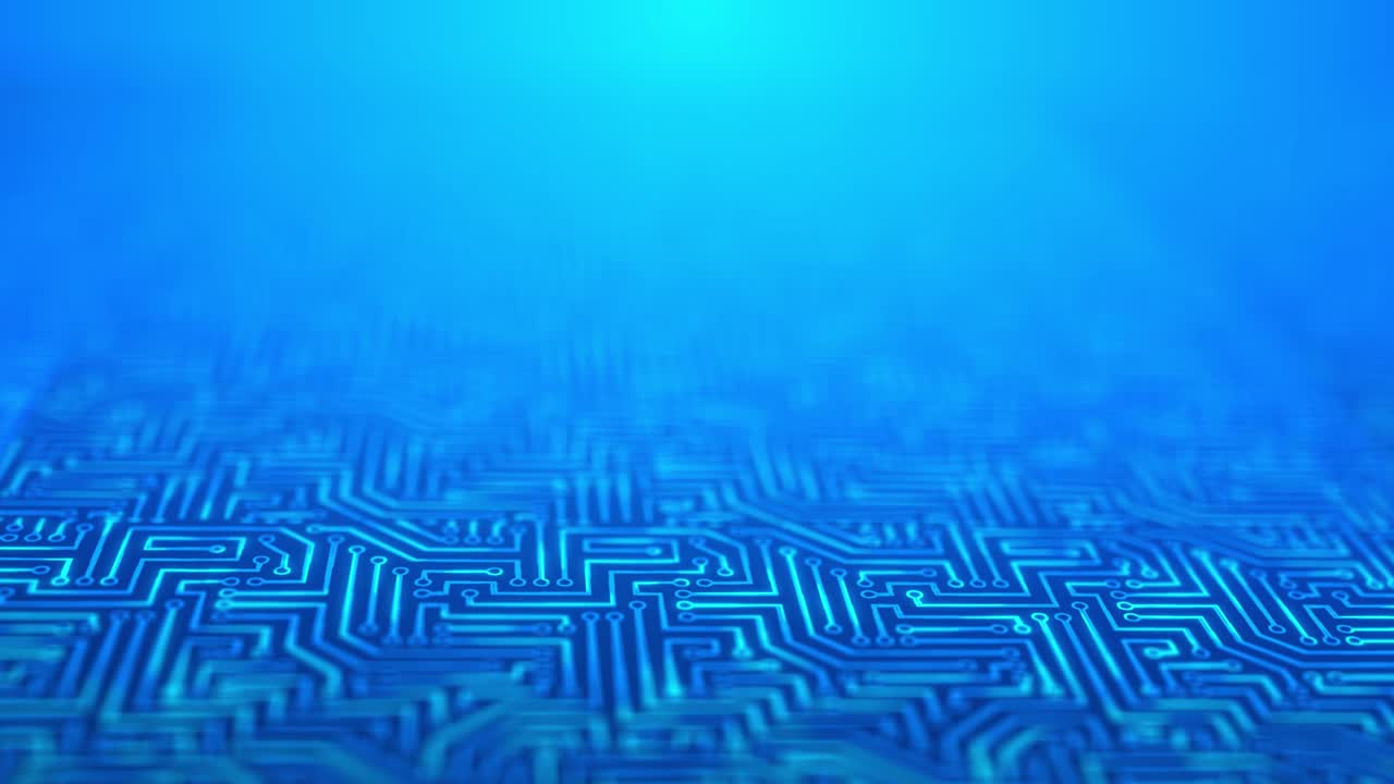 tabla de circuitos 4k con animación de fondo de bucle de flujo de datos de electrones en movimiento.