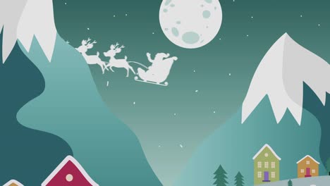 silhouette of santa claus in sleigh being pulled by reindeers against moon and winter landscape