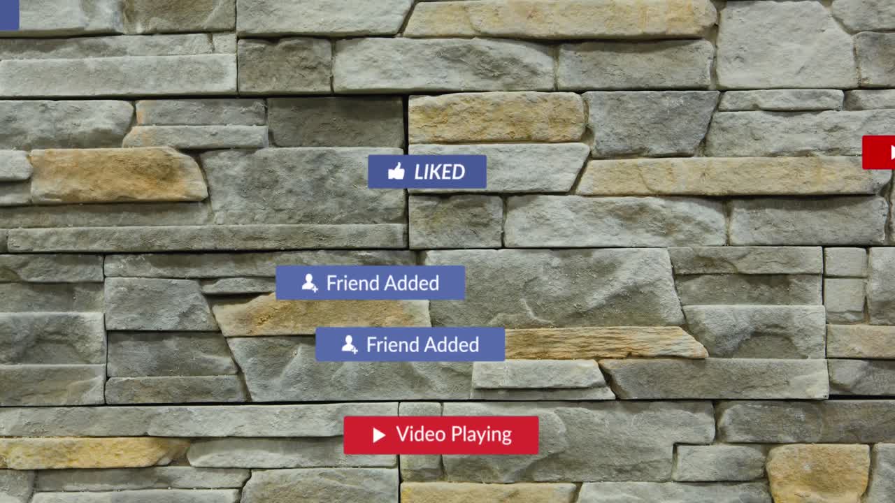 animación del procesamiento de datos de las redes sociales sobre una pared de piedra