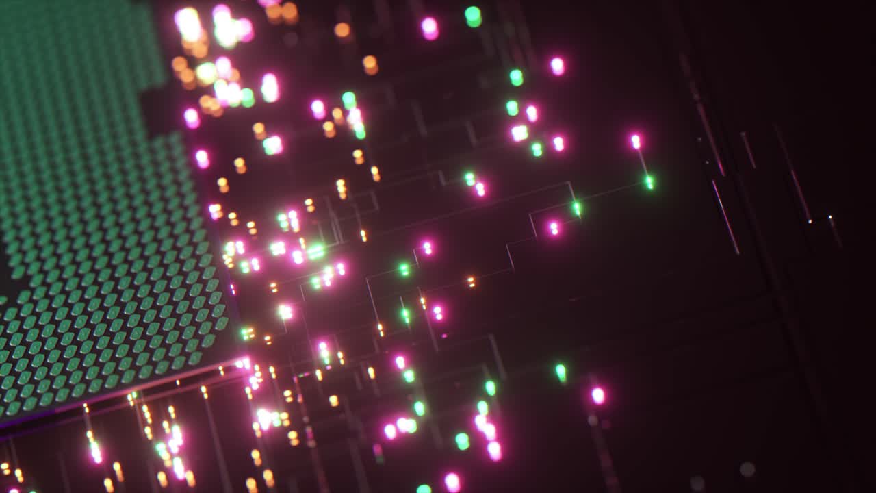 крупный план процессора с светящимися частицами
