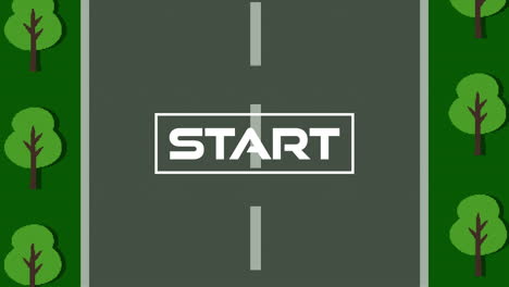 animation of start text over screen with car race game in background