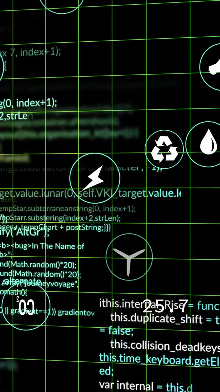 Animation of digital icons and data processing over dark backgorund
