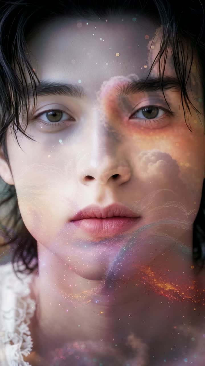 Vertical video: Showing Asian man wearing lace collar at studio, mist appearing and shifting hues