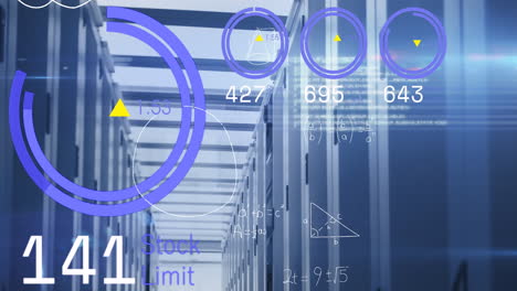 animación del procesamiento de datos del mercado de valores y ecuaciones matemáticas contra la sala de servidores de computadoras