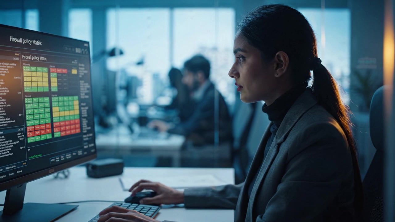 Focused Professional Analyzing Data on Computer Screen in Modern Office Environment Featuring Financial Analytics and Security Policy Monitoring