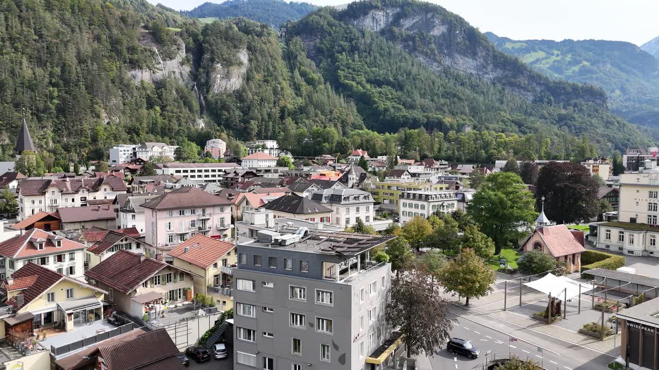 aerial of charming alpine village of Meiringen, Switzerland