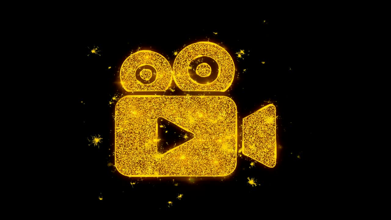 비디오 카메라 아이콘은 검은색 배경에 입자를 불꽃으로 만니다.