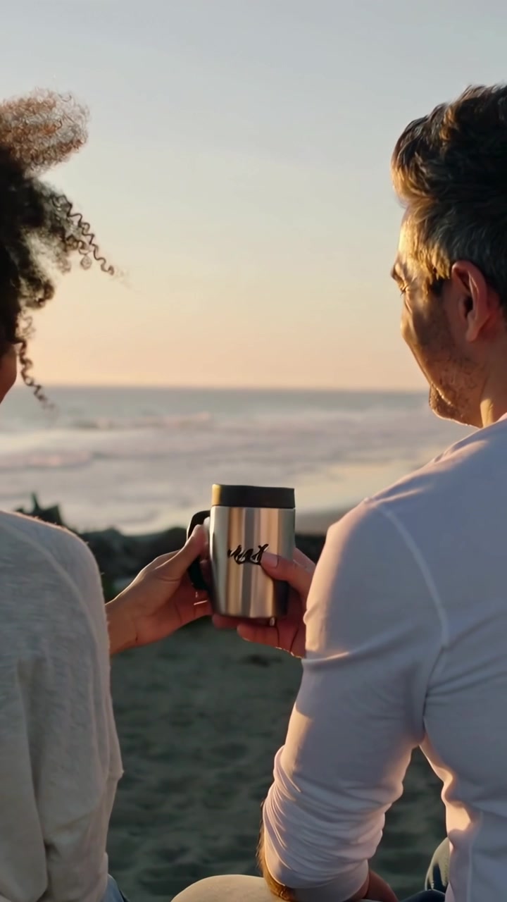 Vertical video: Handing man offering steel travel mug to woman while both watching sunset in jeans