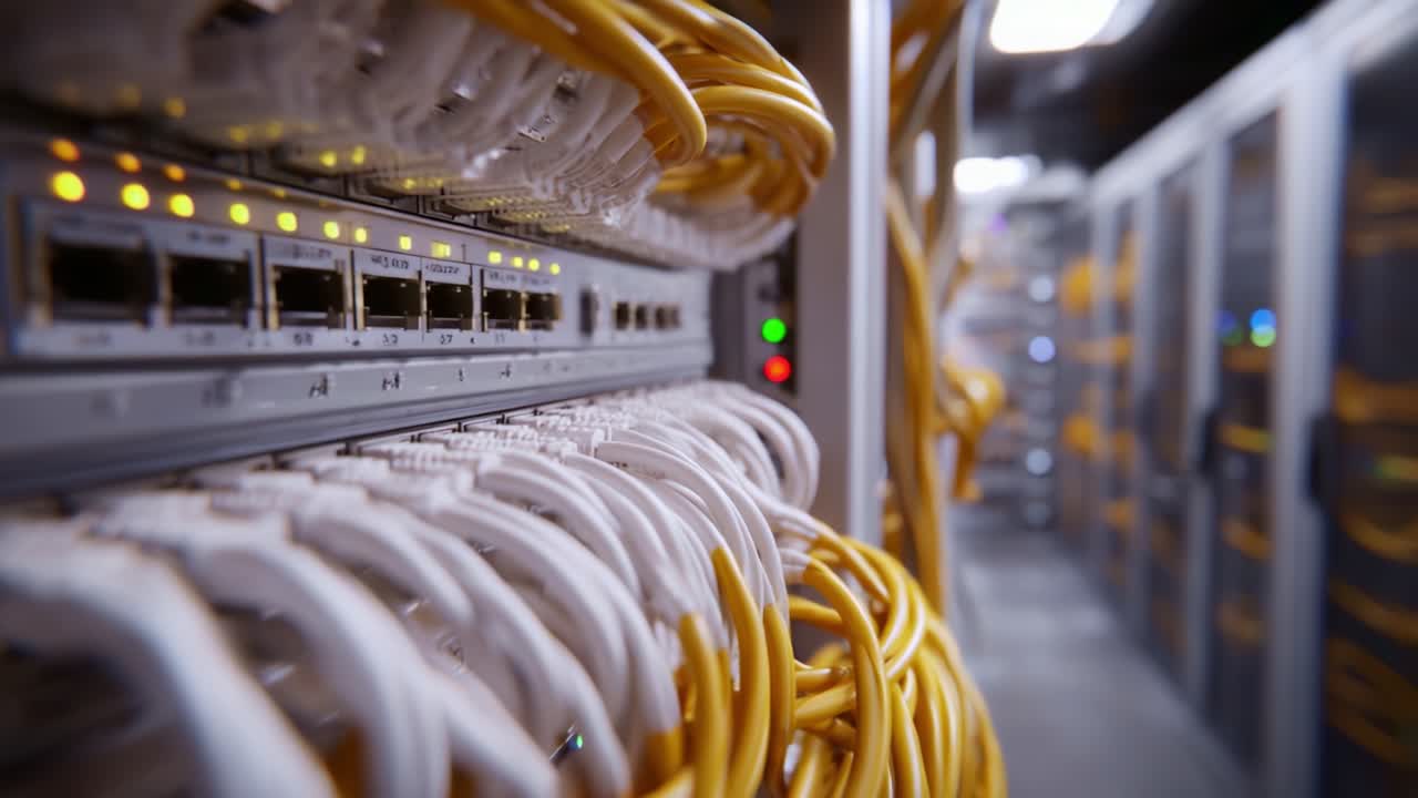 Intricate Network of Cables and Servers in a Data Center, Showcasing the Complex Infrastructure That Powers Modern Digital Communication Systems