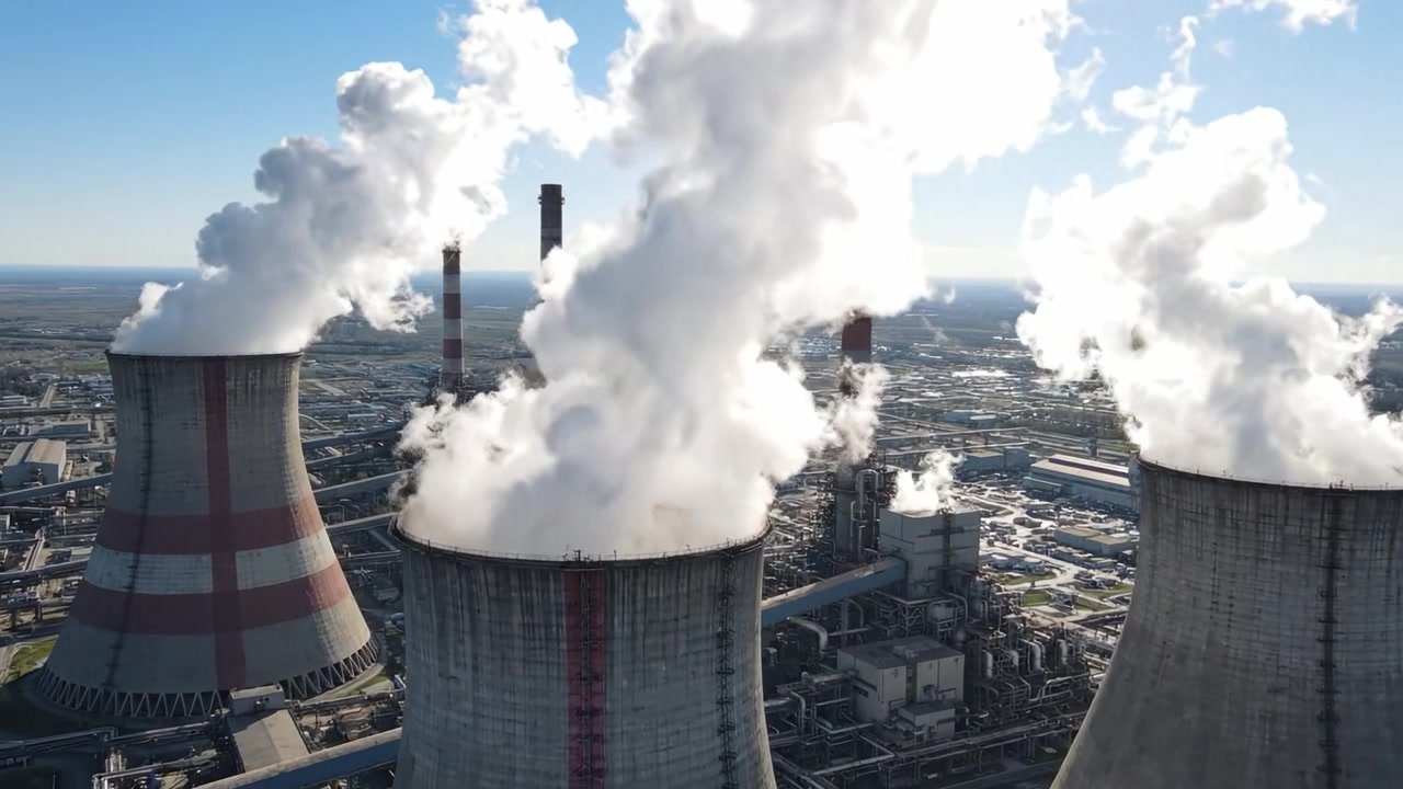 Paesaggio industriale con torri di raffreddamento che emettono vapore e fumo in un ambiente urbano, catturando l'essenza della moderna produzione di energia e infrastruttura.