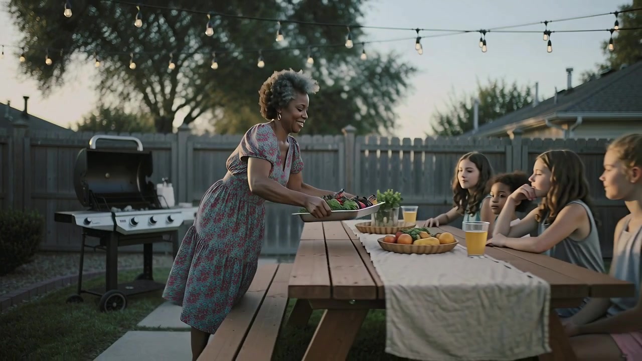 Carrying metal tray woman in printed dress walking yard after grill lid opening serving three girls