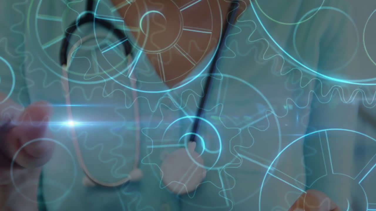 animación de ruedas de engranajes sobre doctora caucásica en el hospital