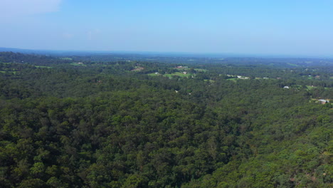 Toma-Aérea-De-Una-Escena-épica-De-La-Zona-Rural-De-Sydney,-Australia,-Casas-Y-Un-Denso-Bosque-Montañoso-De-árboles-Verdes-En-Un-Día-Despejado