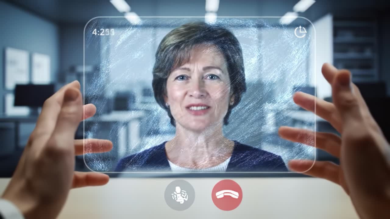 A confident professional speaks warmly during a virtual meeting, showcasing a friendly demeanor in a sleek office environment. Their engagement highlights effective communication in remote work.