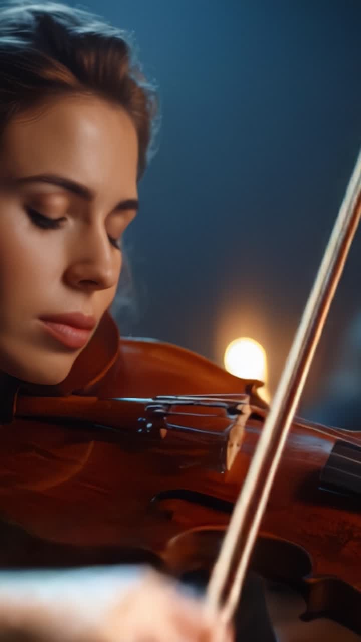 A Talented Violinist Lost in Music: Captivating Performance Captured in Emotion and Skill as Strings Produce Melodies in a Vibrant, Atmospheric Setting