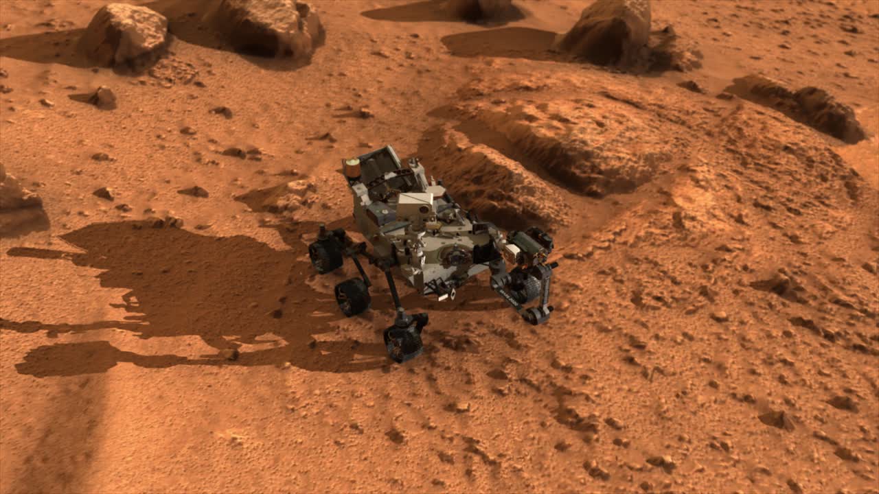 High quality 3D CGI animated render of the Mars Perseverance rover, on the rocky surface of the planet Mars, starting with a close-up shot and rising to a high angle
