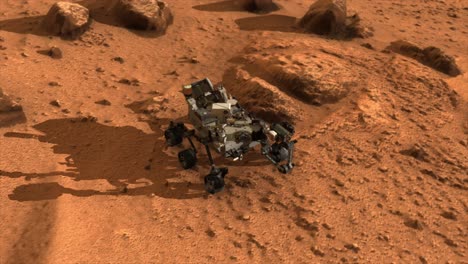 renderizado animado cgi 3d de alta calidad del rover mars perseverance, en la superficie rocosa del planeta marte, comenzando con un primer plano y subiendo a un ángulo alto