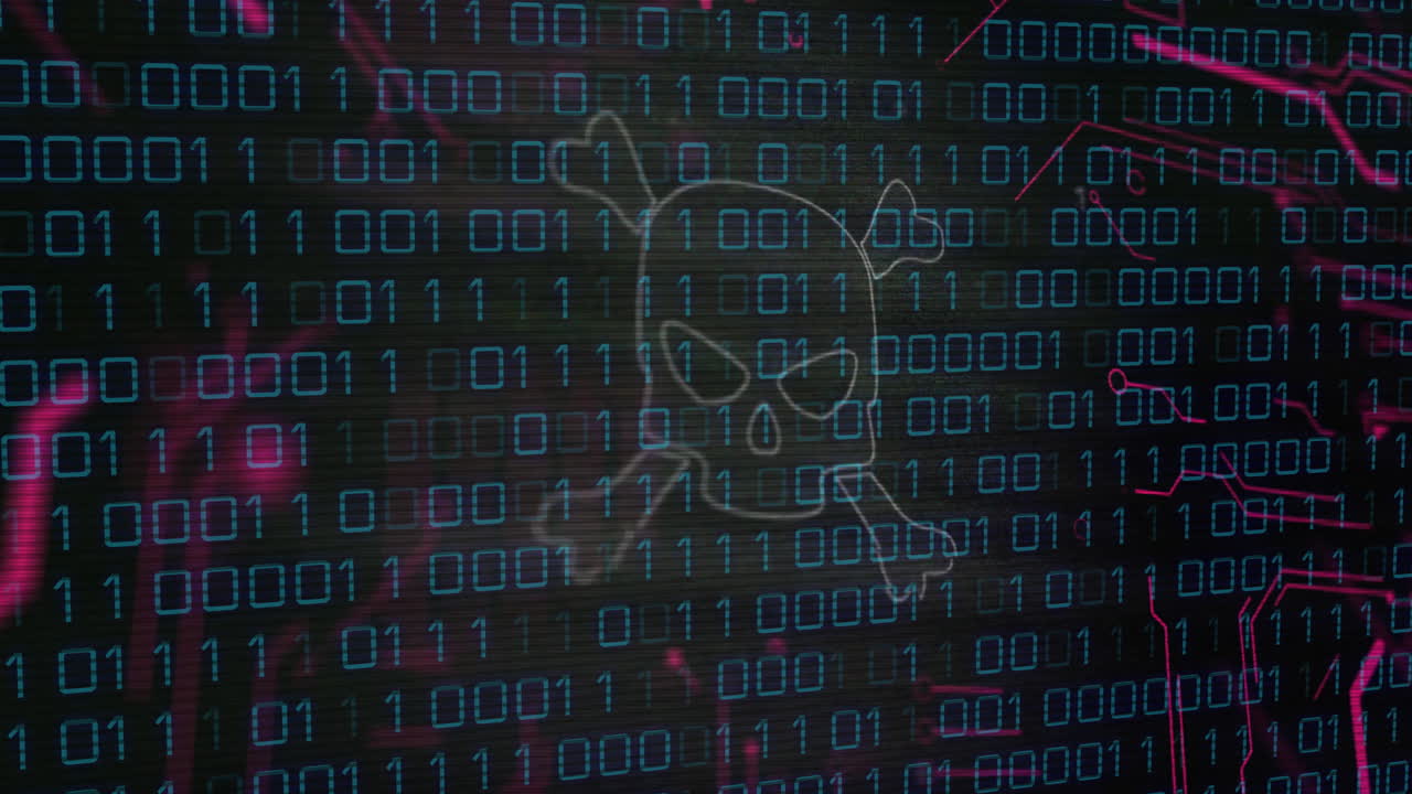 código binario y cráneo con animación de huesos cruzados, que representa una amenaza para la ciberseguridad